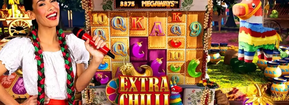 Extra Chilli Epic Spins Megaways reels showing chilli symbols and letter tiles during a live spin